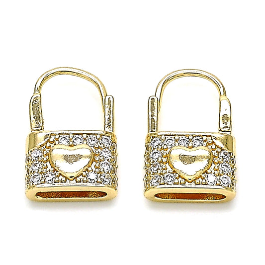 Oro Laminado Huggie Hoop, Gold Filled Style Lock and Heart Design, with White Cubic Zirconia, Polished, Golden Finish