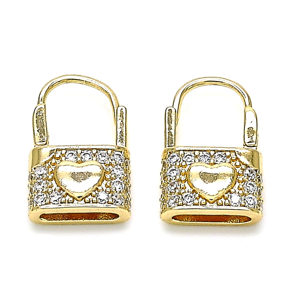 Oro Laminado Huggie Hoop, Gold Filled Style Lock and Heart Design, with White Cubic Zirconia, Polished, Golden Finish