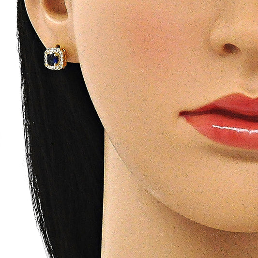 Oro Laminado Stud Earring, Gold Filled Style Cluster Design, with Sapphire Blue Cubic Zirconia and White Micro Pave, Polished, Golden Finish