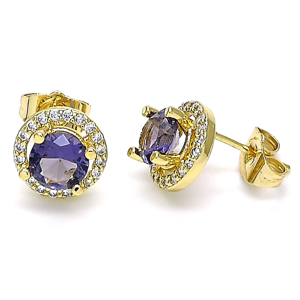 Oro Laminado Stud Earring, Gold Filled Style with Amethyst Cubic Zirconia and White Micro Pave, Polished, Golden Finish