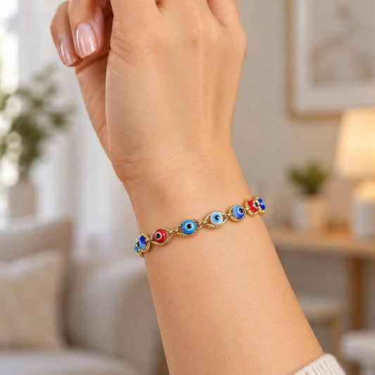 Oro Laminado Adjustable Bolo Bracelet, Gold Filled Style Evil Eye Design, with White Cubic Zirconia, Multicolor Resin Finish, Golden Finish