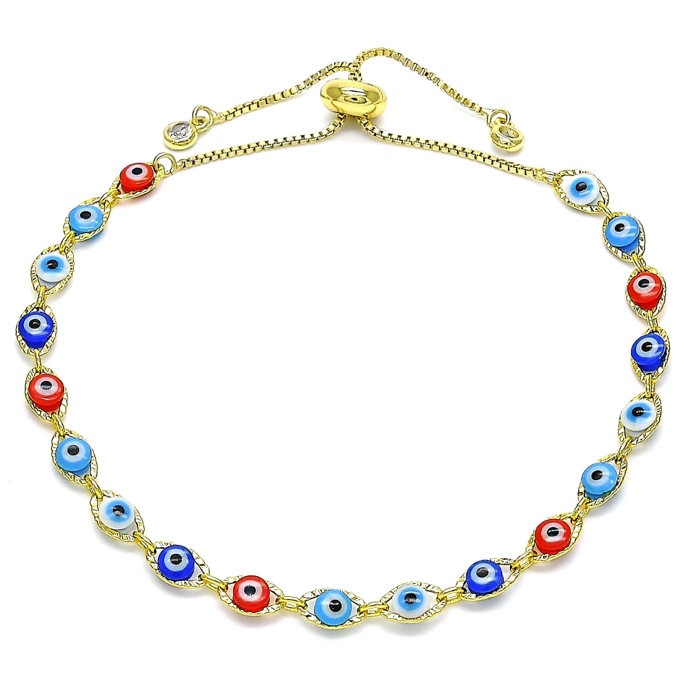 Oro Laminado Adjustable Bolo Bracelet, Gold Filled Style Evil Eye Design, with White Cubic Zirconia, Multicolor Resin Finish, Golden Finish