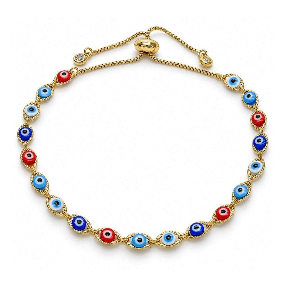 Oro Laminado Adjustable Bolo Bracelet, Gold Filled Style Evil Eye Design, with White Cubic Zirconia, Multicolor Resin Finish, Golden Finish