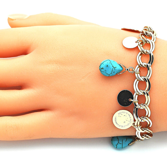 Oro Laminado Charm Bracelet, Gold Filled Style Teardrop Design, with Turquoise Opal, Polished, Golden Finish