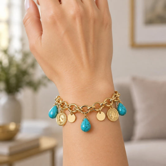 Oro Laminado Charm Bracelet, Gold Filled Style Teardrop Design, with Turquoise Opal, Polished, Golden Finish