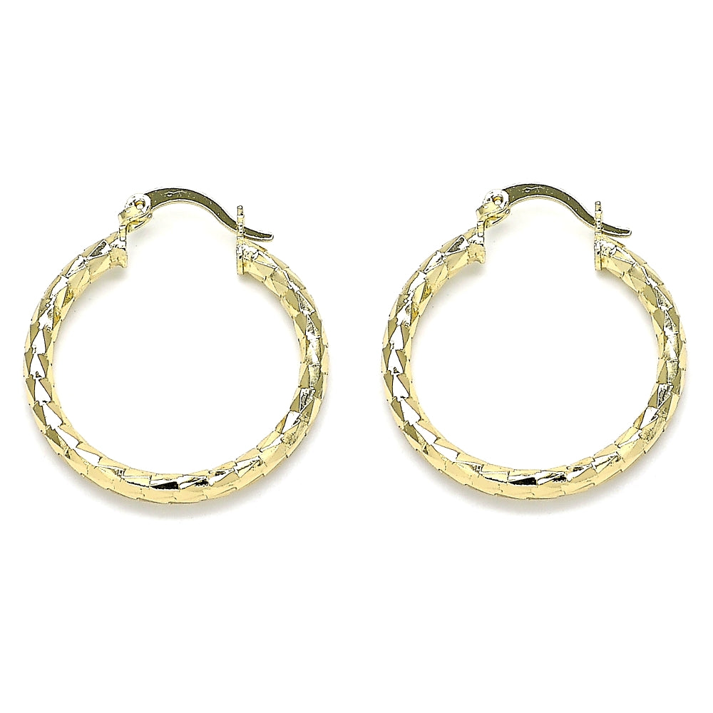 Oro Laminado Medium Hoop, Gold Filled Style Hollow Design, Diamond Cutting Finish, Golden Finish