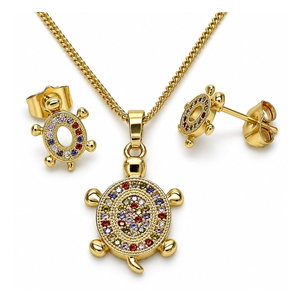 Oro Laminado Earring and Pendant Adult Set, Gold Filled Style Turtle Design, with Multicolor Micro Pave, Polished, Golden Finish