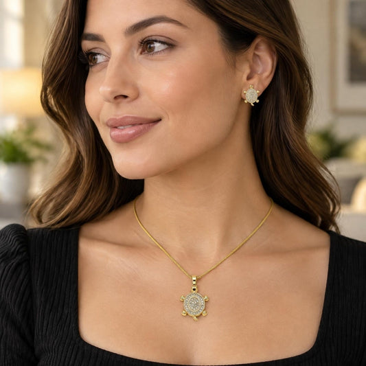 Oro Laminado Earring and Pendant Adult Set, Gold Filled Style Turtle Design, with White Micro Pave, Polished, Golden Finish