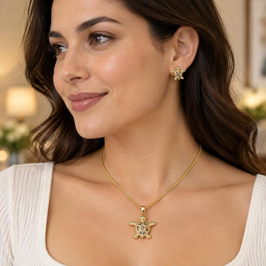 Oro Laminado Earring and Pendant Adult Set, Gold Filled Style Turtle Design, with Multicolor Micro Pave, Polished, Golden Finish
