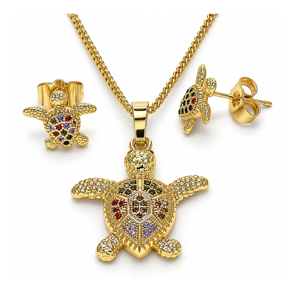 Oro Laminado Earring and Pendant Adult Set, Gold Filled Style Turtle Design, with Multicolor Micro Pave, Polished, Golden Finish