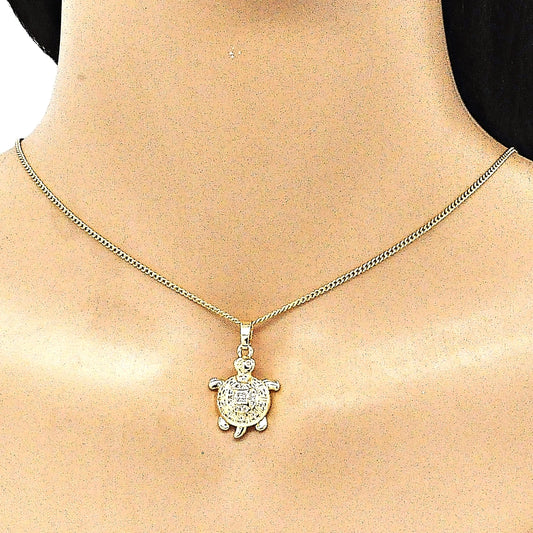Oro Laminado Earring and Pendant Adult Set, Gold Filled Style Turtle Design, with White Micro Pave, Polished, Golden Finish