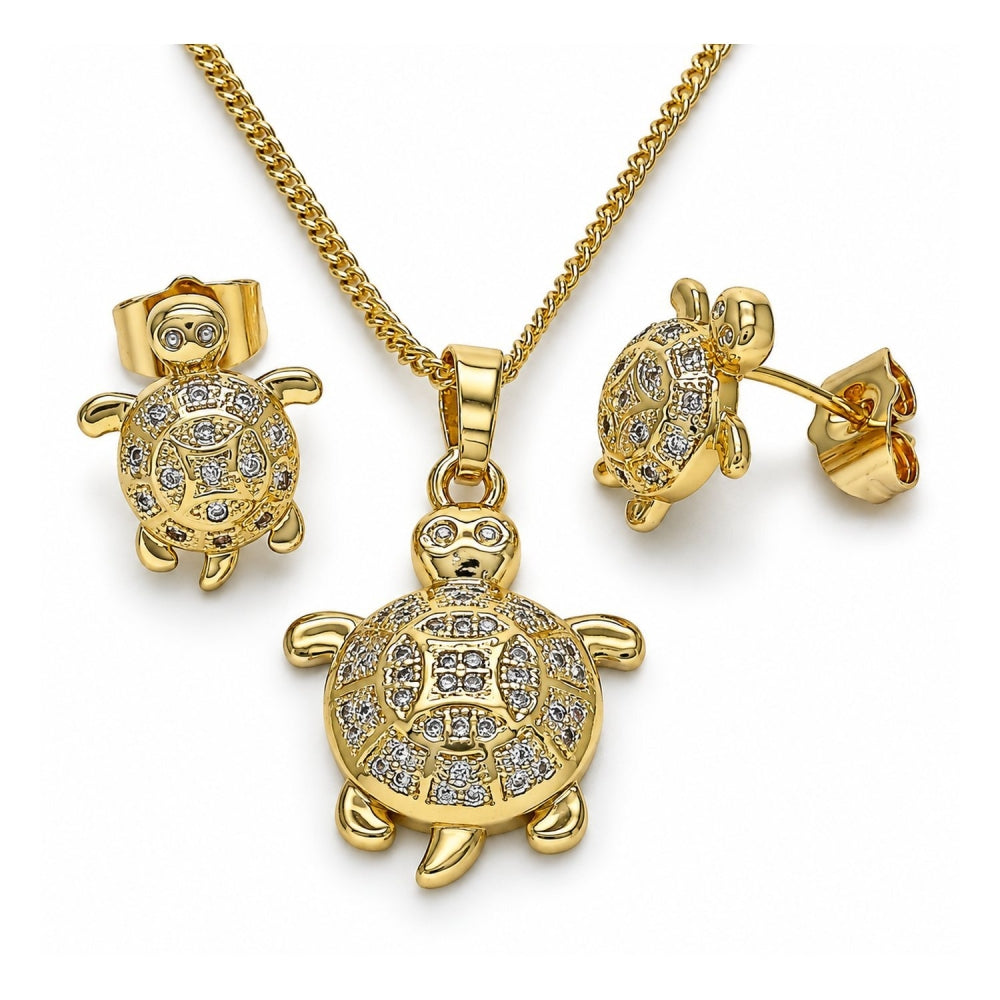 Oro Laminado Earring and Pendant Adult Set, Gold Filled Style Turtle Design, with White Micro Pave, Polished, Golden Finish