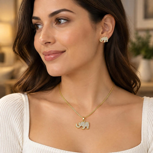 Oro Laminado Earring and Pendant Adult Set, Gold Filled Style Elephant Design, with White Micro Pave, Polished, Golden Finish