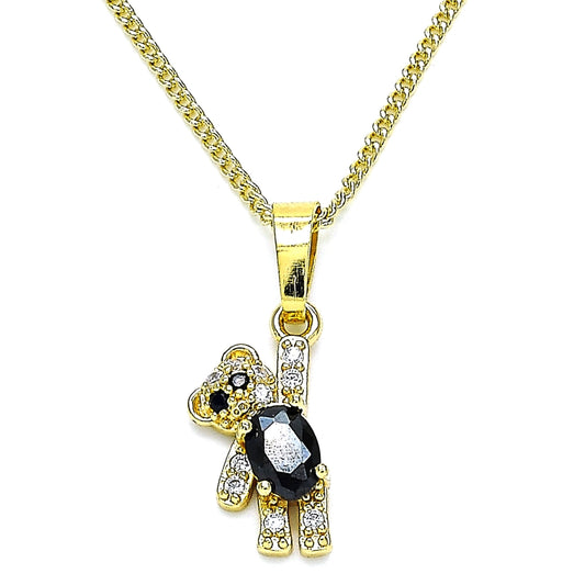 Oro Laminado Pendant Necklace, Gold Filled Style Teddy Bear Design, with Black and White Cubic Zirconia, Polished, Golden Finish