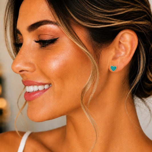 Oro Laminado Stud Earring, Gold Filled Style Heart Design, Green Enamel Finish, Golden Finish