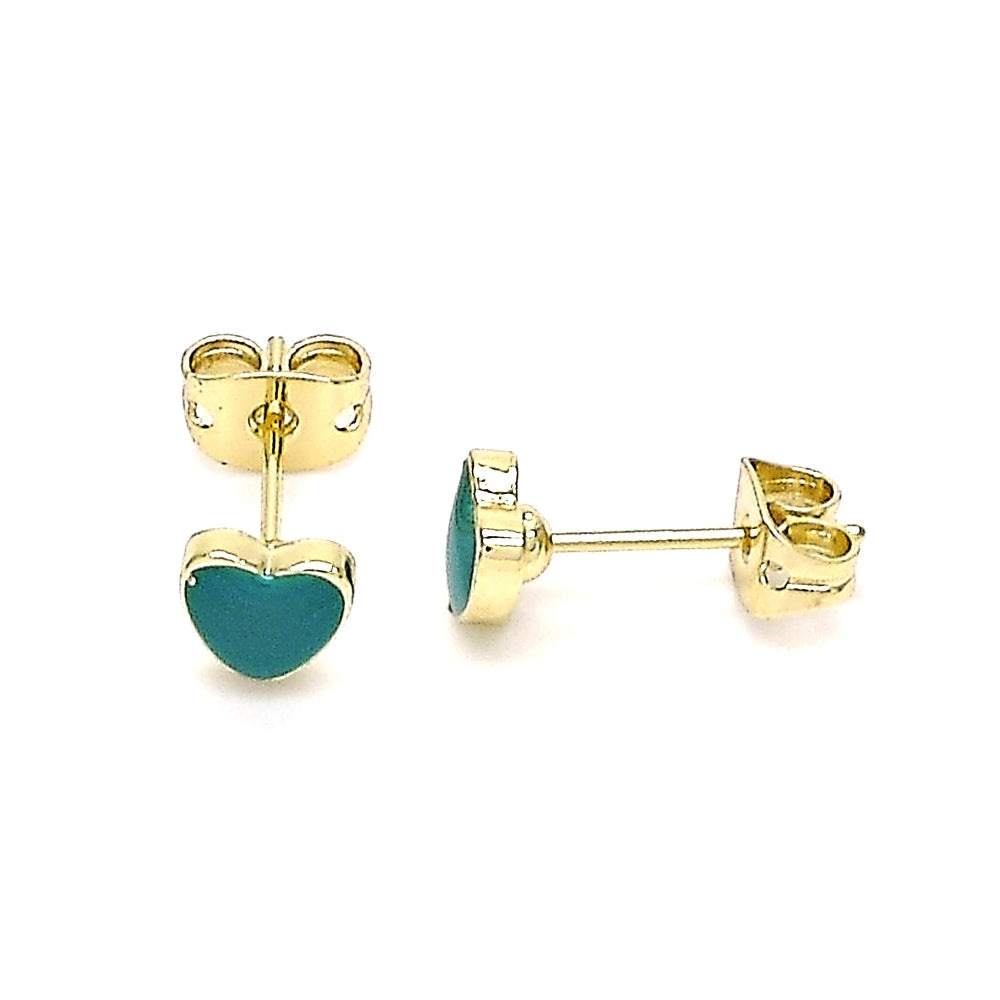 Oro Laminado Stud Earring, Gold Filled Style Heart Design, Green Enamel Finish, Golden Finish