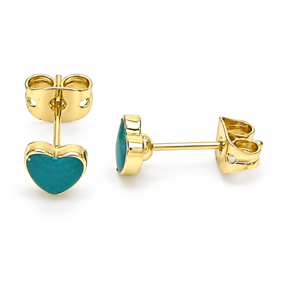 Oro Laminado Stud Earring, Gold Filled Style Heart Design, Green Enamel Finish, Golden Finish