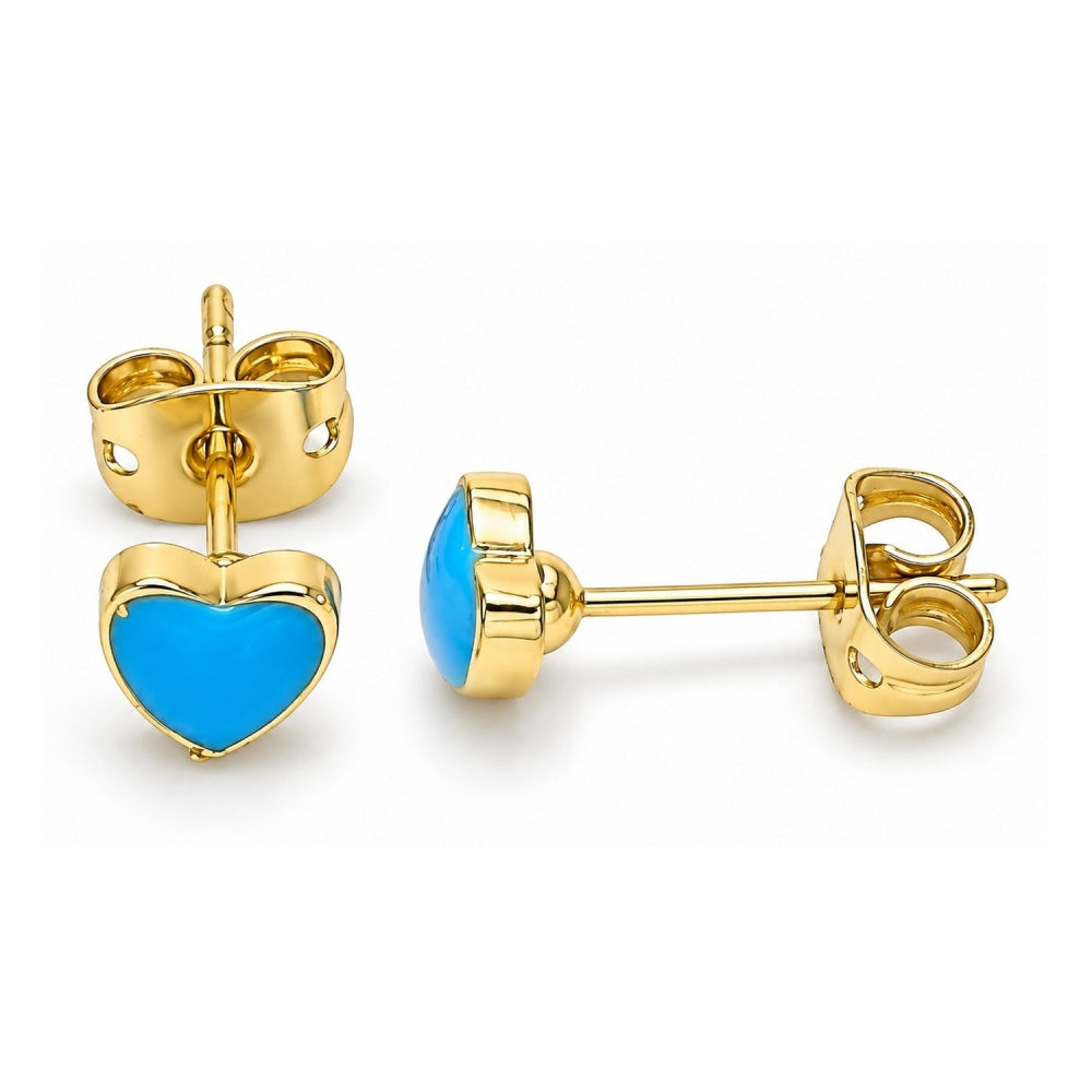 Oro Laminado Stud Earring, Gold Filled Style Heart Design, Azul claro Enamel Finish, Golden Finish