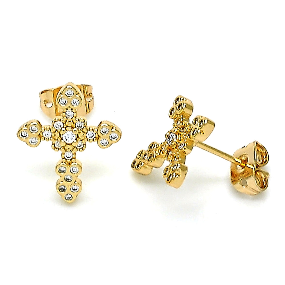 Oro Laminado Stud Earring, Gold Filled Style Cross Design, with White Micro Pave, Polished, Golden Finish