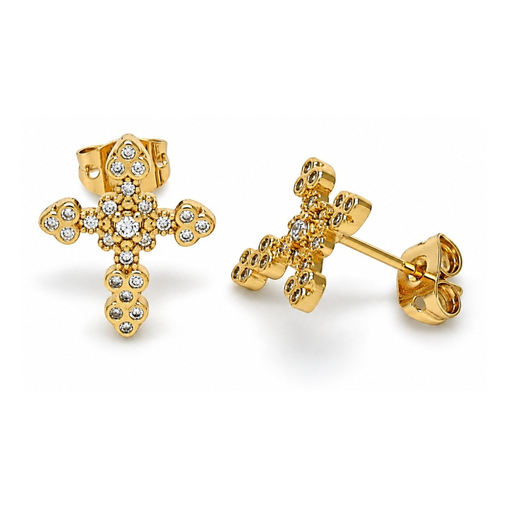 Oro Laminado Stud Earring, Gold Filled Style Cross Design, with White Micro Pave, Polished, Golden Finish
