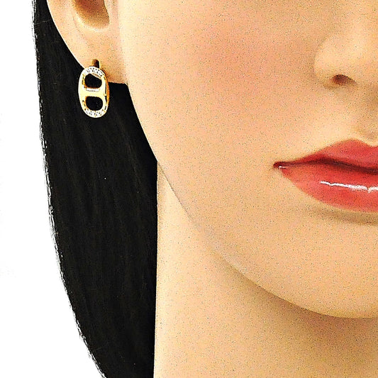 Oro Laminado Stud Earring, Gold Filled Style Puff Mariner Design, with White Micro Pave, Polished, Golden Finish