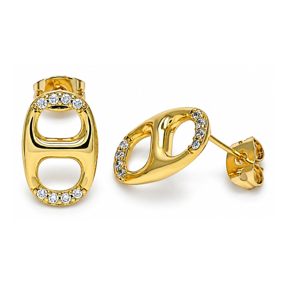 Oro Laminado Stud Earring, Gold Filled Style Puff Mariner Design, with White Micro Pave, Polished, Golden Finish