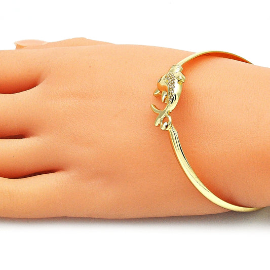Oro Laminado Individual Bangle, Gold Filled Style Dolphin Design, with White Micro Pave and White Cubic Zirconia, Polished, Golden Finish