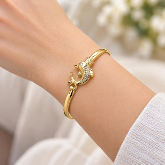 Oro Laminado Individual Bangle, Gold Filled Style Dolphin Design, with White Micro Pave and White Cubic Zirconia, Polished, Golden Finish