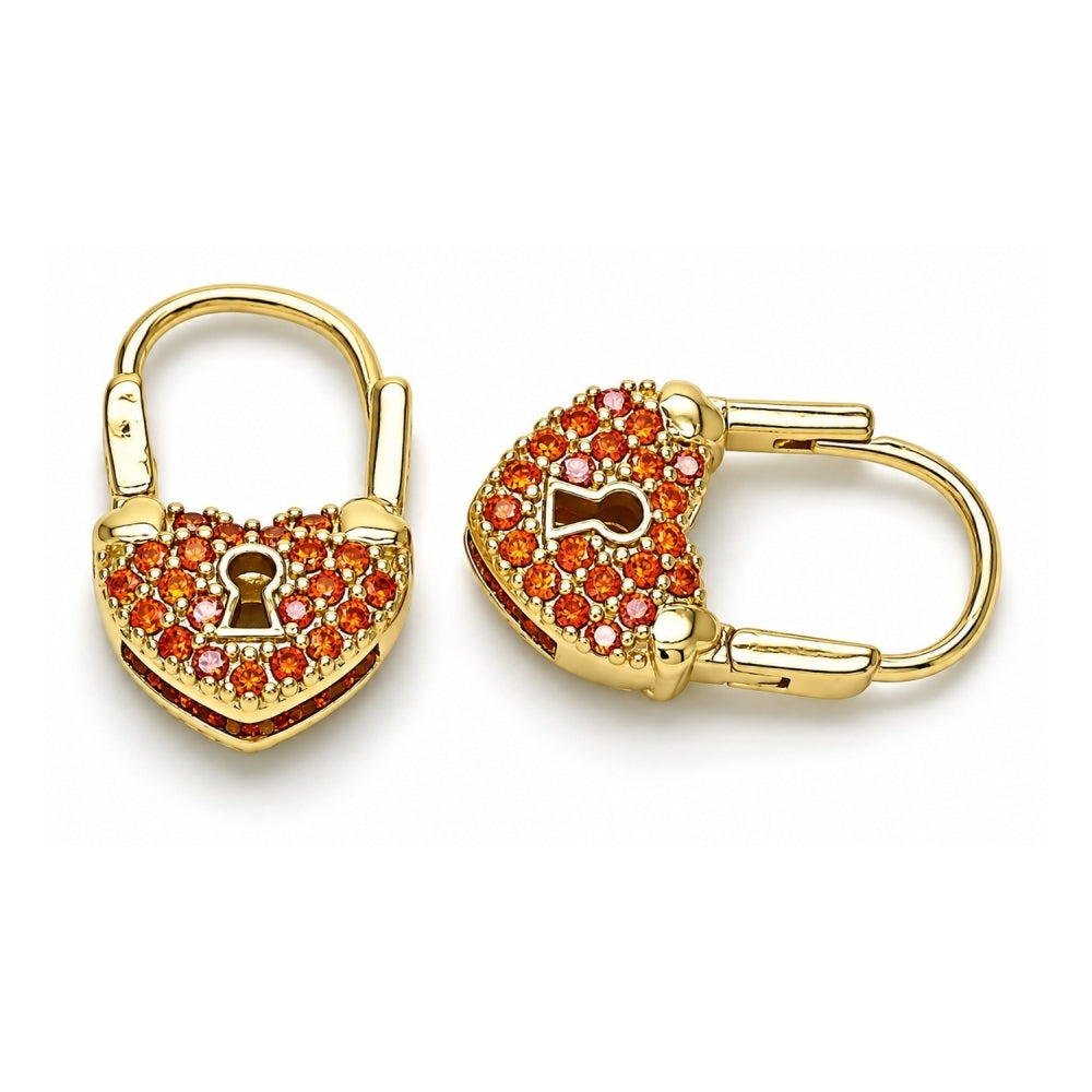 Oro Laminado Small Hoop, Gold Filled Style Lock and Heart Design, with Garnet Micro Pave, Polished, Golden Finish