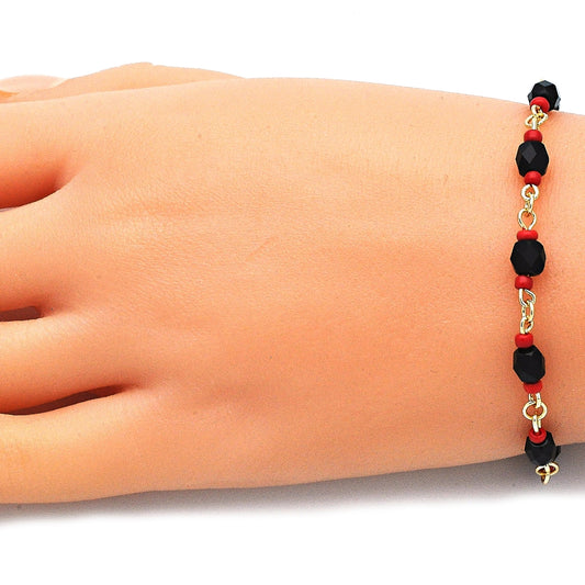 Oro Laminado Fancy Bracelet, Gold Filled Style with Black Crystal, Polished, Golden Finish