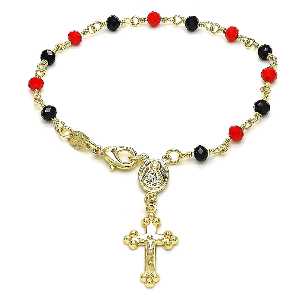 Oro Laminado Bracelet Rosary, Gold Filled Style Caridad del Cobre and Crucifix Design, with Black and Garnet Crystal, Polished, Golden Finish