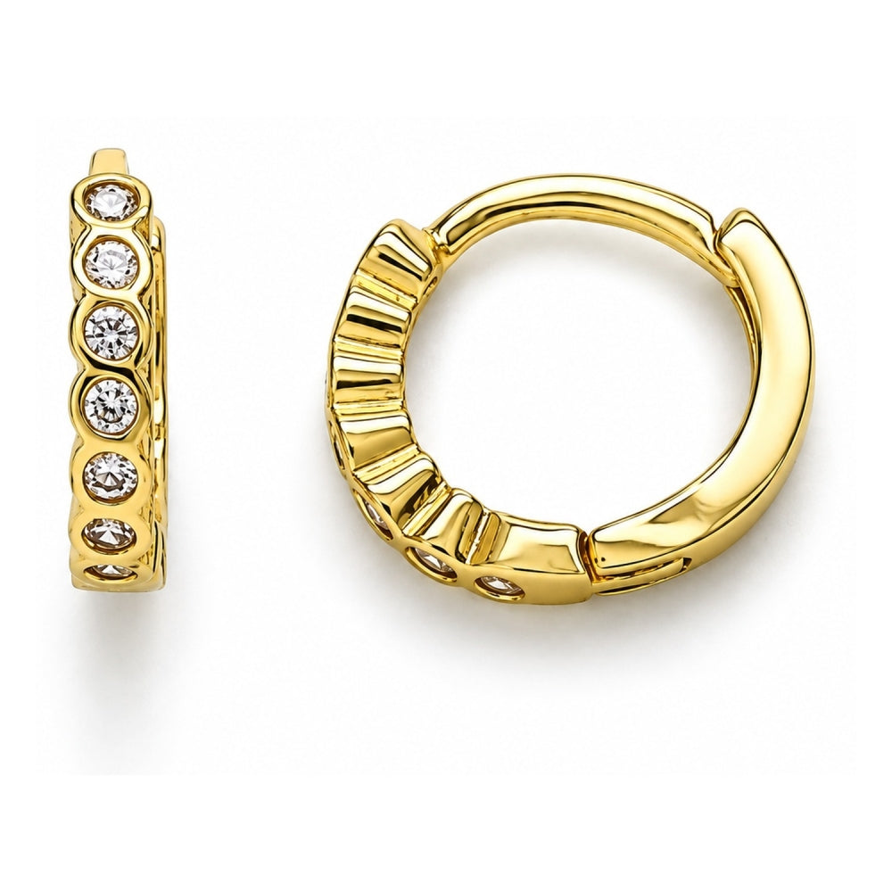 Oro Laminado Huggie Hoop, Gold Filled Style with Pink Cubic Zirconia, Polished, Golden Finish