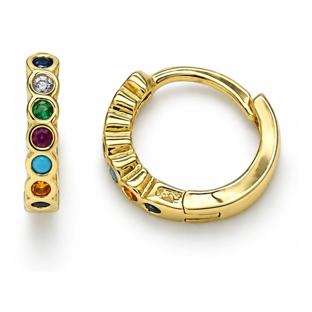 Oro Laminado Huggie Hoop, Gold Filled Style with Multicolor Cubic Zirconia, Polished, Golden Finish