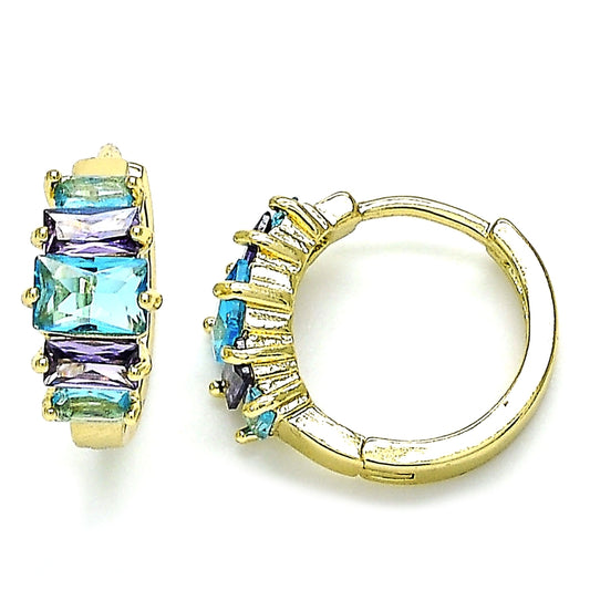 Oro Laminado Huggie Hoop, Gold Filled Style Baguette Design, with Blue Topaz and Amethyst Cubic Zirconia, Polished, Golden Finish