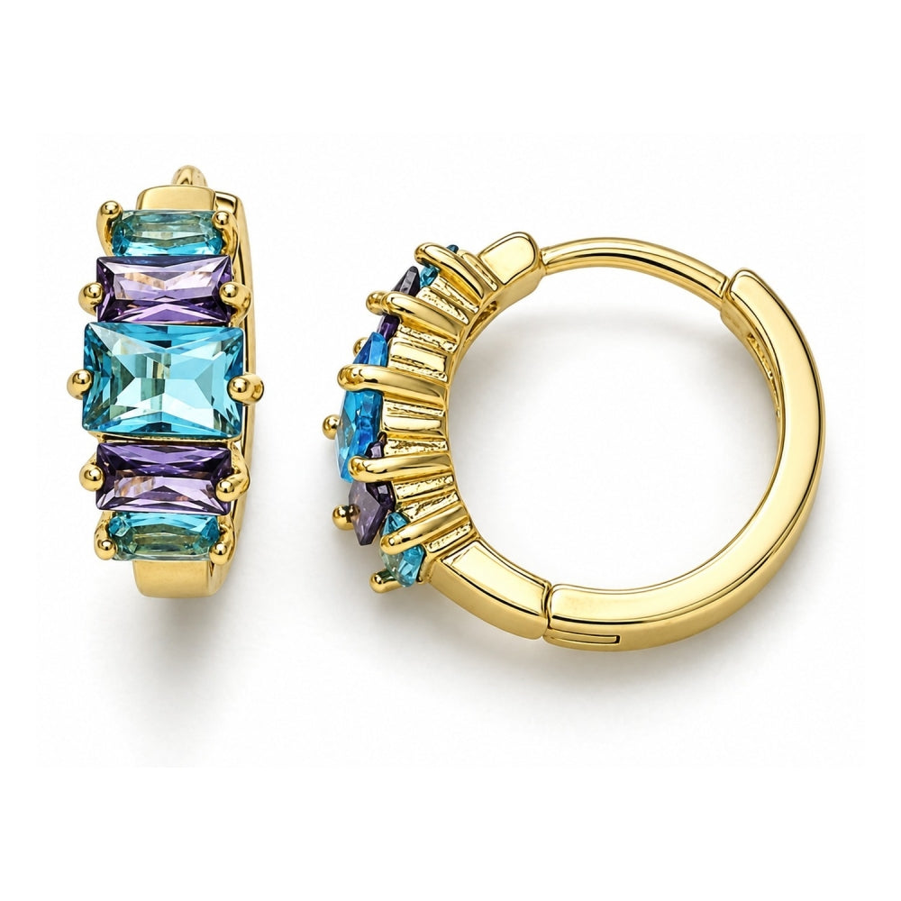 Oro Laminado Huggie Hoop, Gold Filled Style Baguette Design, with Blue Topaz and Amethyst Cubic Zirconia, Polished, Golden Finish