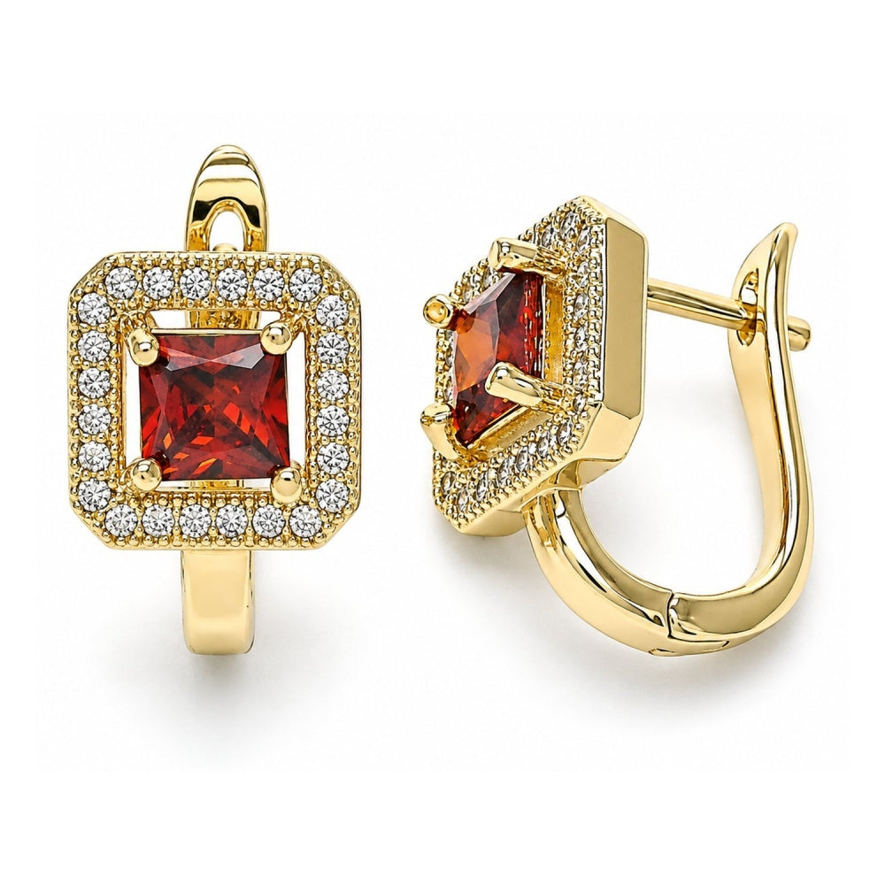 Oro Laminado Huggie Hoop, Gold Filled Style with Garnet Cubic Zirconia and White Micro Pave, Polished, Golden Finish