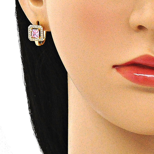 Oro Laminado Huggie Hoop, Gold Filled Style with Pink Cubic Zirconia and White Micro Pave, Polished, Golden Finish
