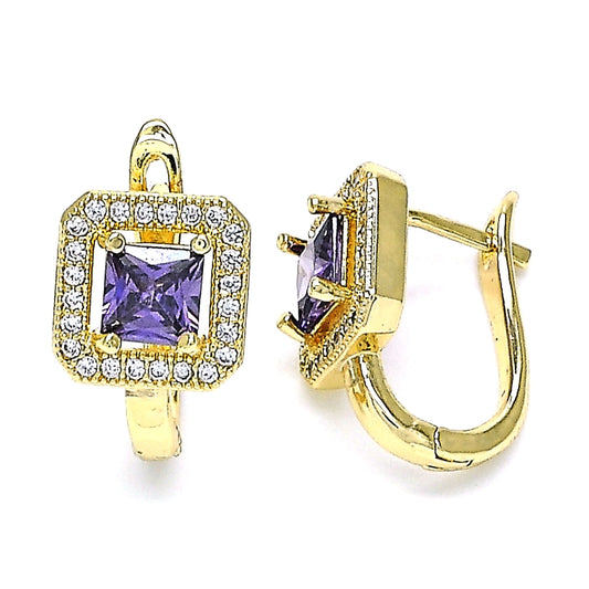 Oro Laminado Huggie Hoop, Gold Filled Style with Amethyst Cubic Zirconia and White Micro Pave, Polished, Golden Finish