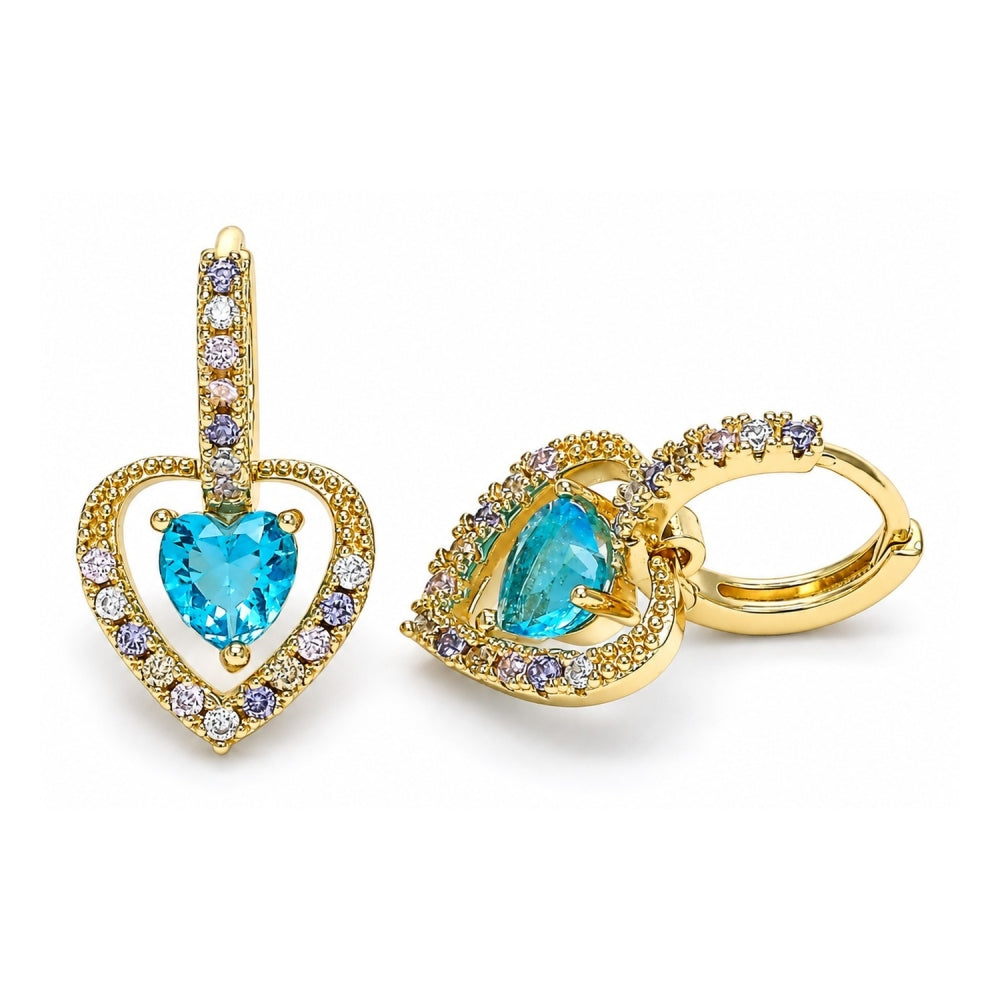 Oro Laminado Dangle Earring, Gold Filled Style Heart Design, with Blue Topaz Cubic Zirconia and Multicolor Micro Pave, Polished, Golden Finish
