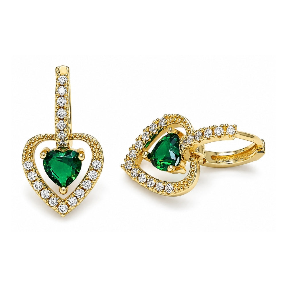 Oro Laminado Dangle Earring, Gold Filled Style Heart Design, with Green Cubic Zirconia and White Micro Pave, Polished, Golden Finish