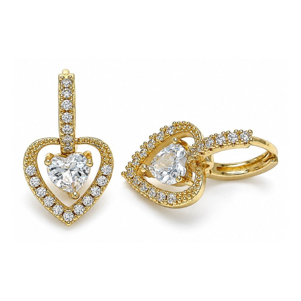 Oro Laminado Dangle Earring, Gold Filled Style Heart Design, with White Cubic Zirconia and White Micro Pave, Polished, Golden Finish