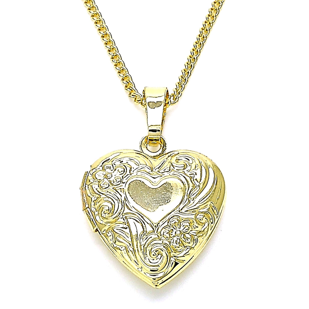 Oro Laminado Pendant Necklace, Gold Filled Style Heart and Flower Design, Polished, Golden Finish