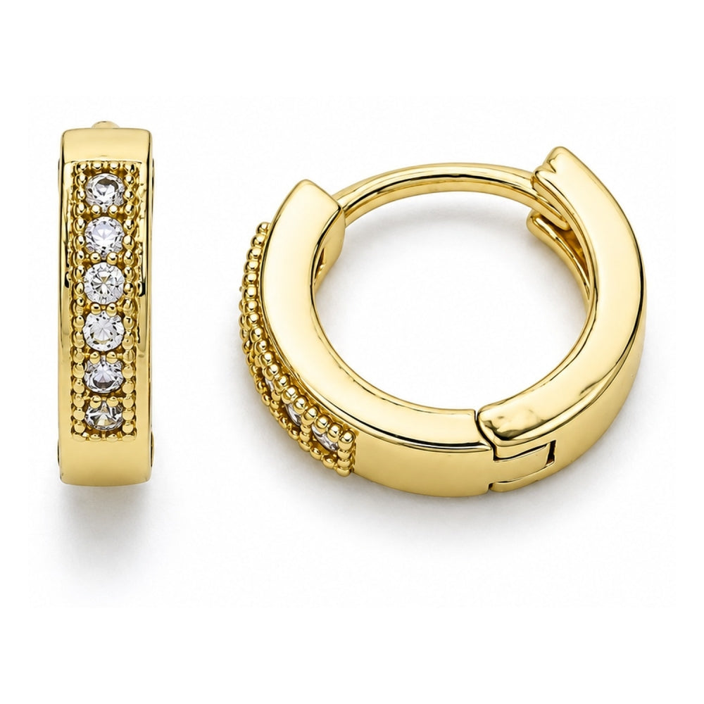 Oro Laminado Huggie Hoop, Gold Filled Style with Pink Micro Pave, Polished, Golden Finish