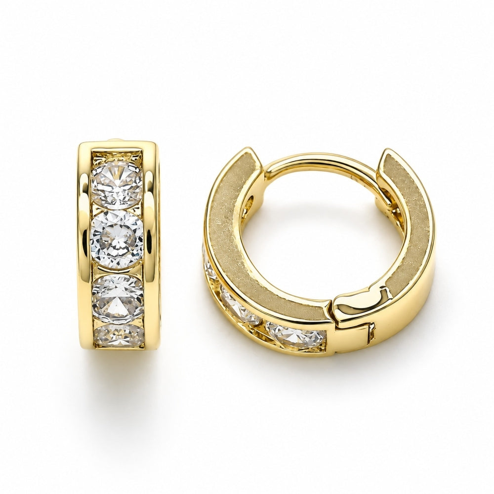 Oro Laminado Huggie Hoop, Gold Filled Style with White Cubic Zirconia, Polished, Golden Finish