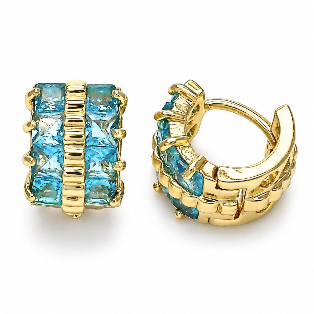 Oro Laminado Huggie Hoop, Gold Filled Style with Aqua Blue Cubic Zirconia, Polished, Golden Finish