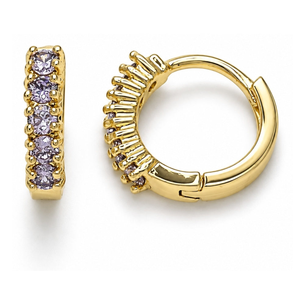 Oro Laminado Huggie Hoop, Gold Filled Style with Amethyst Cubic Zirconia, Polished, Golden Finish