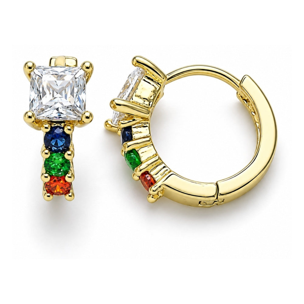 Oro Laminado Huggie Hoop, Gold Filled Style with Multicolor Cubic Zirconia, Polished, Golden Finish