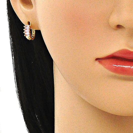 Oro Laminado Huggie Hoop, Gold Filled Style Baguette Design, with Pink Cubic Zirconia, Polished, Golden Finish