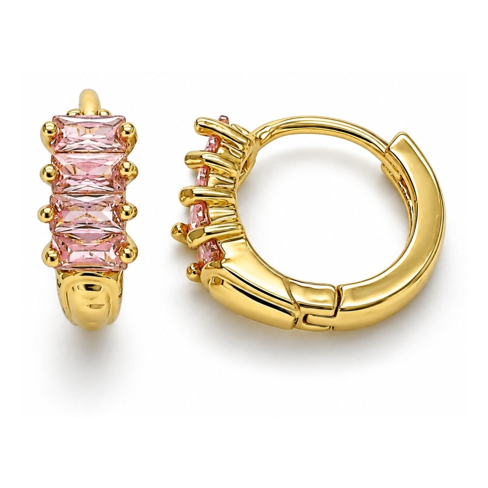 Oro Laminado Huggie Hoop, Gold Filled Style Baguette Design, with Pink Cubic Zirconia, Polished, Golden Finish