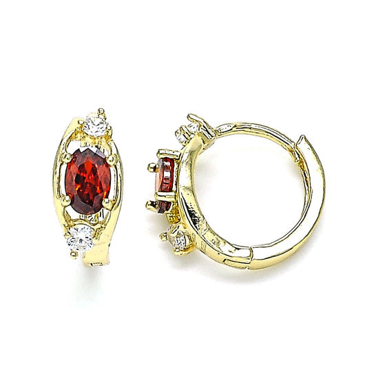 Oro Laminado Huggie Hoop, Gold Filled Style with Garnet and White Cubic Zirconia, Polished, Golden Finish
